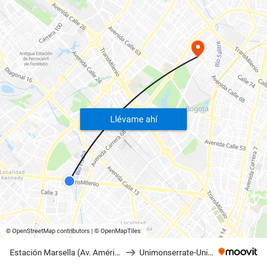 Estación Marsella (Av. Américas - Kr 69b) to Unimonserrate-Unión Social map