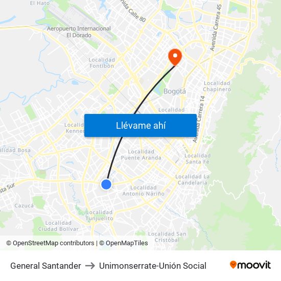 General Santander to Unimonserrate-Unión Social map