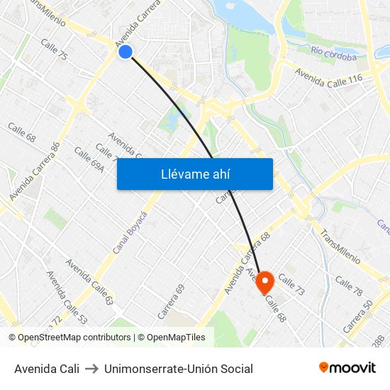 Avenida Cali to Unimonserrate-Unión Social map