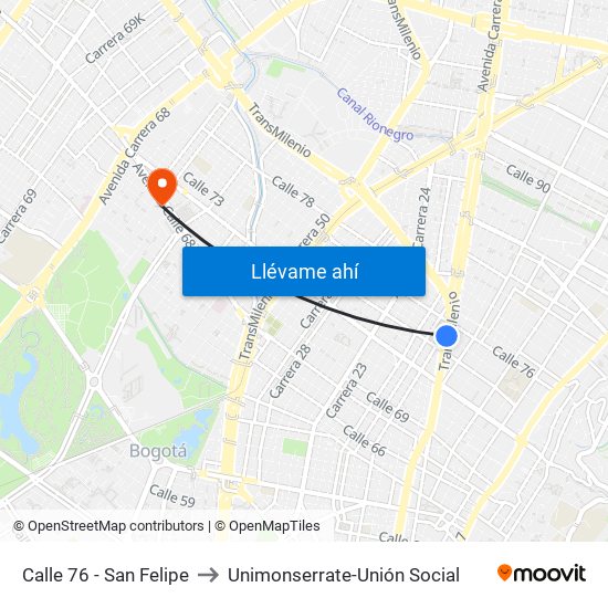 Calle 76 - San Felipe to Unimonserrate-Unión Social map