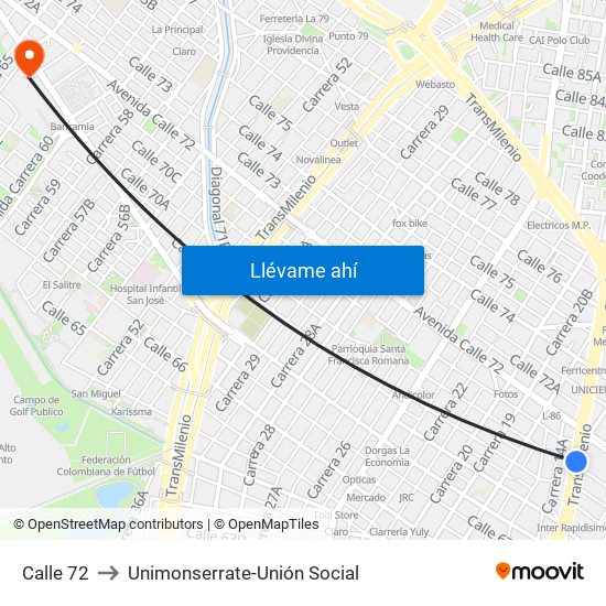 Calle 72 to Unimonserrate-Unión Social map