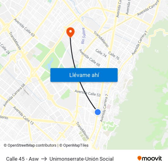 Calle 45 - Asw to Unimonserrate-Unión Social map