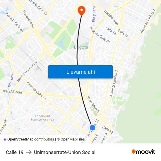 Calle 19 to Unimonserrate-Unión Social map