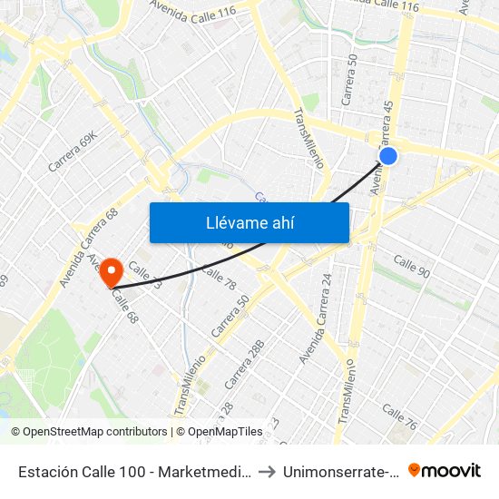 Estación Calle 100 - Marketmedios (Auto Norte - Cl 98) to Unimonserrate-Unión Social map