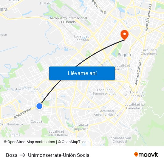 Bosa to Unimonserrate-Unión Social map