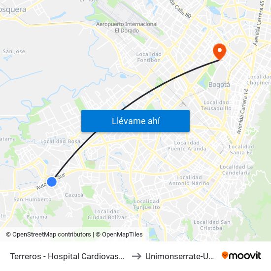 Terreros - Hospital Cardiovascular (Lado Sur) to Unimonserrate-Unión Social map