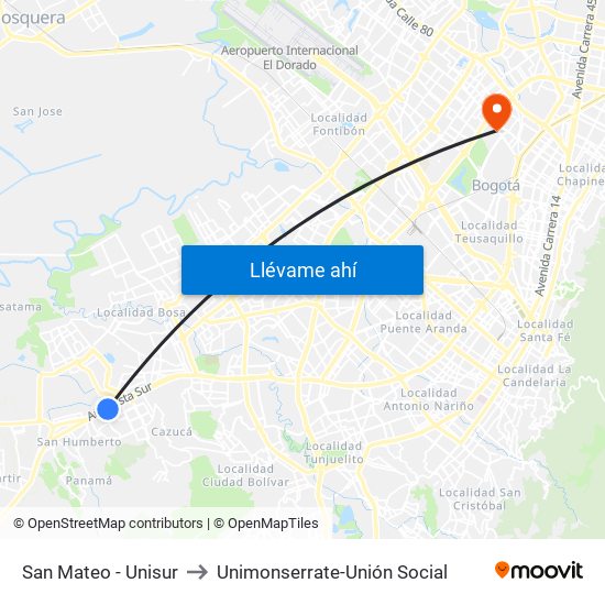 San Mateo - Unisur to Unimonserrate-Unión Social map