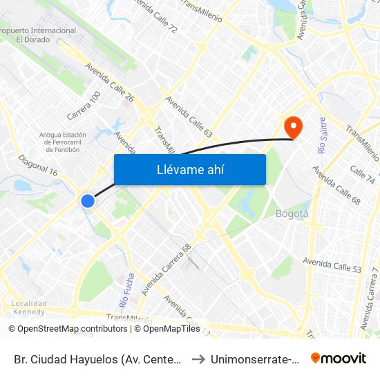 Br. Ciudad Hayuelos (Av. Centenario - Av. C. De Cali) to Unimonserrate-Unión Social map