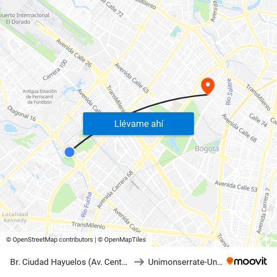 Br. Ciudad Hayuelos (Av. Centenario - Kr 78g) to Unimonserrate-Unión Social map