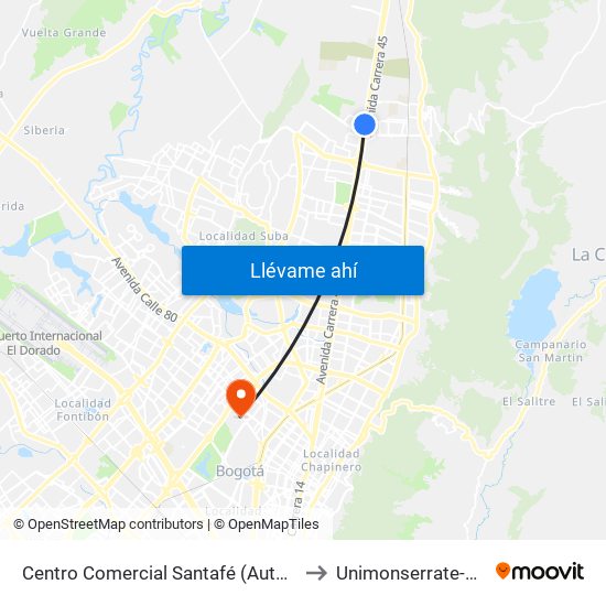 Centro Comercial Santafé (Auto Norte - Cl 187) (B) to Unimonserrate-Unión Social map