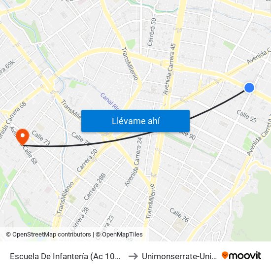 Escuela De Infantería (Ac 100 - Kr 11a) (B) to Unimonserrate-Unión Social map