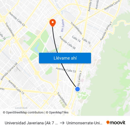 Universidad Javeriana (Ak 7 - Cl 40) (B) to Unimonserrate-Unión Social map