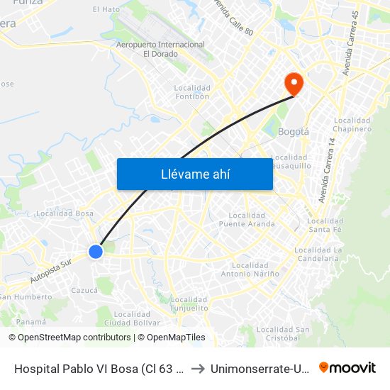 Hospital Pablo VI Bosa (Cl 63 Sur - Kr 77g) (A) to Unimonserrate-Unión Social map