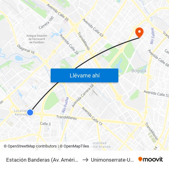 Estación Banderas (Av. Américas - Kr 78a) (A) to Unimonserrate-Unión Social map