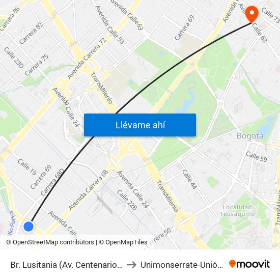 Br. Lusitania (Av. Centenario - Kr 68b) to Unimonserrate-Unión Social map