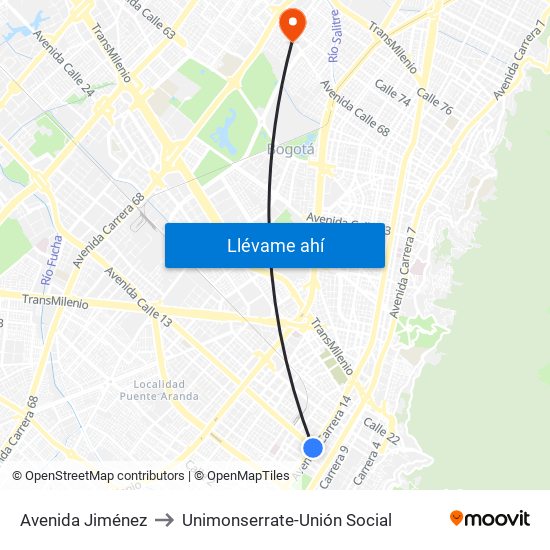 Avenida Jiménez to Unimonserrate-Unión Social map