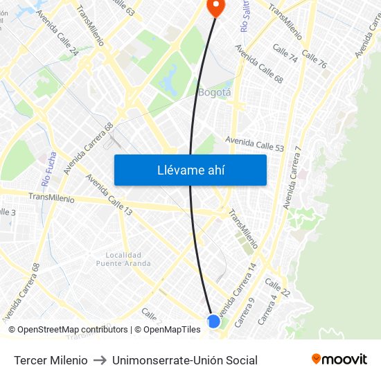 Tercer Milenio to Unimonserrate-Unión Social map