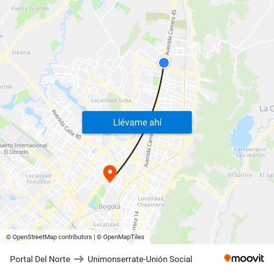 Portal Del Norte to Unimonserrate-Unión Social map
