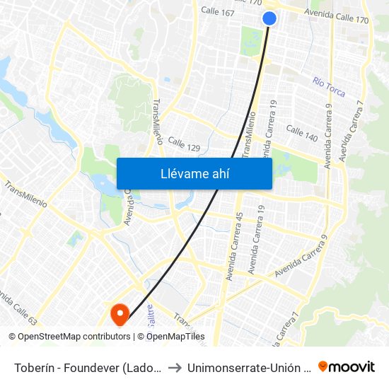 Toberín - Foundever (Lado Norte) to Unimonserrate-Unión Social map