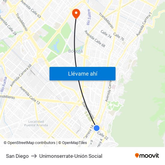 San Diego to Unimonserrate-Unión Social map