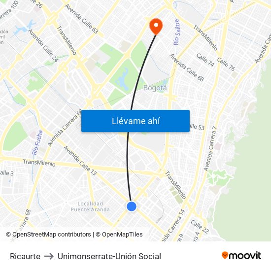 Ricaurte to Unimonserrate-Unión Social map