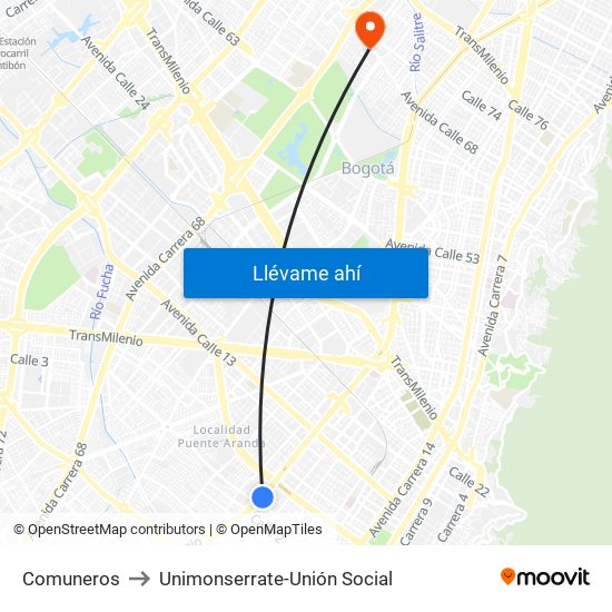 Comuneros to Unimonserrate-Unión Social map