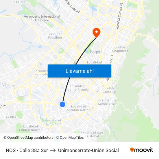 NQS - Calle 38a Sur to Unimonserrate-Unión Social map