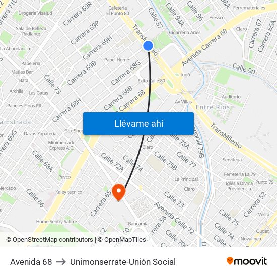 Avenida 68 to Unimonserrate-Unión Social map