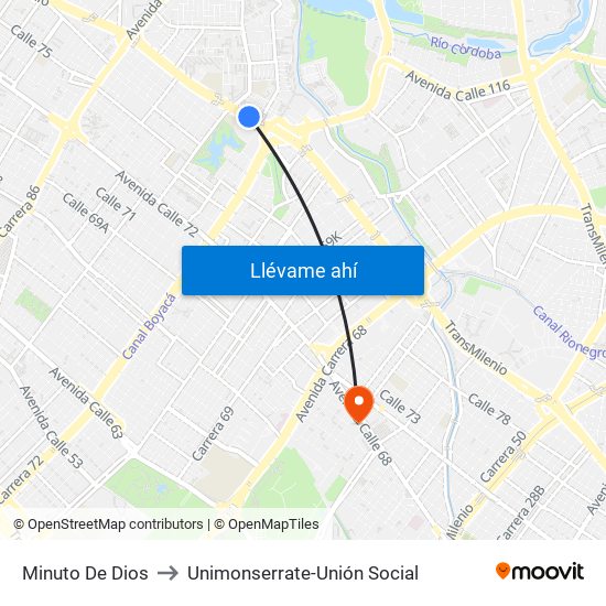 Minuto De Dios to Unimonserrate-Unión Social map