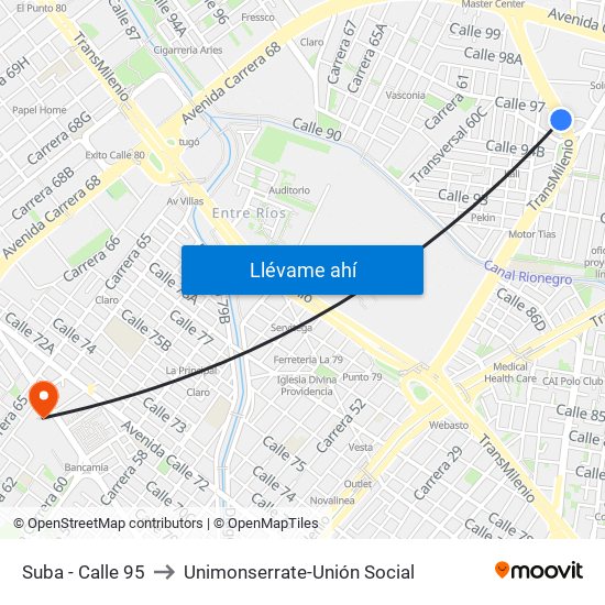 Suba - Calle 95 to Unimonserrate-Unión Social map