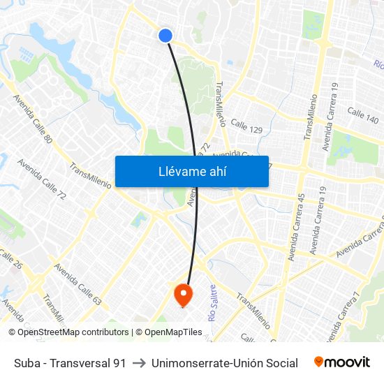 Suba - Transversal 91 to Unimonserrate-Unión Social map