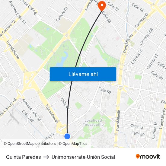 Quinta Paredes to Unimonserrate-Unión Social map