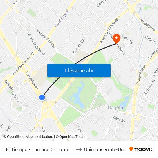 El Tiempo - Cámara De Comercio De Bogotá to Unimonserrate-Unión Social map