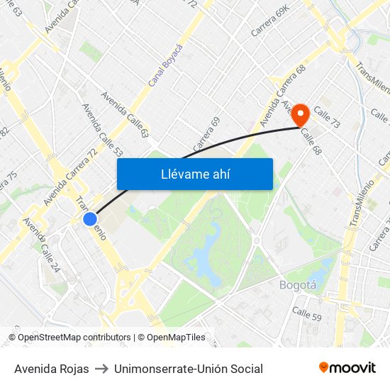 Avenida Rojas to Unimonserrate-Unión Social map