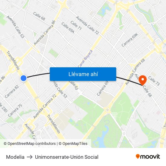 Modelia to Unimonserrate-Unión Social map