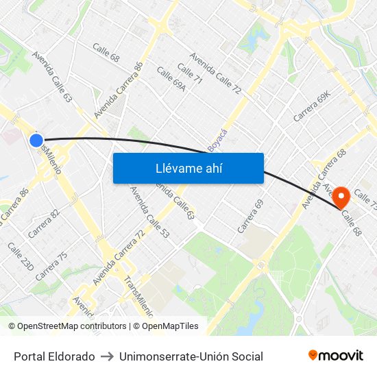 Portal Eldorado to Unimonserrate-Unión Social map