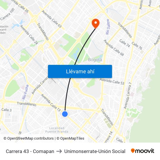 Carrera 43 - Comapan to Unimonserrate-Unión Social map