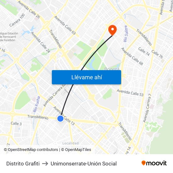 Distrito Grafiti to Unimonserrate-Unión Social map