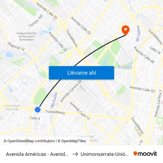 Avenida Américas - Avenida Boyacá to Unimonserrate-Unión Social map