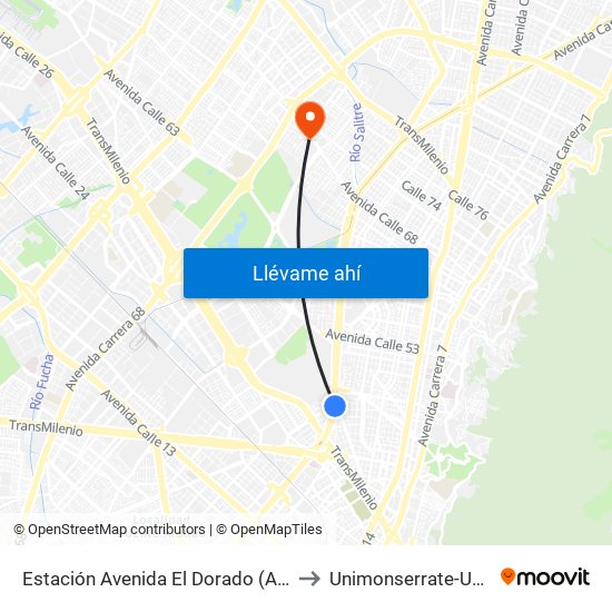 Estación Avenida El Dorado (Av. NQS - Cl 40a) to Unimonserrate-Unión Social map