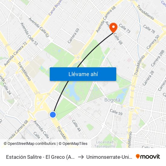 Estación Salitre - El Greco (Ac 26 - Ak 68) to Unimonserrate-Unión Social map