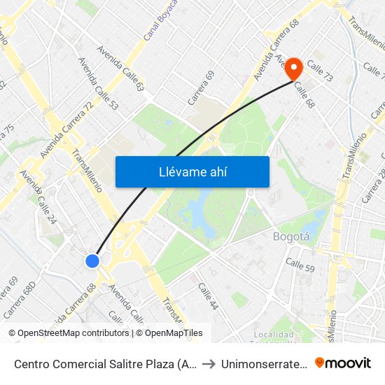 Centro Comercial Salitre Plaza (Av. La Esperanza - Kr 68a) to Unimonserrate-Unión Social map