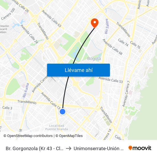 Br. Gorgonzola (Kr 43 - Cl 12b) to Unimonserrate-Unión Social map