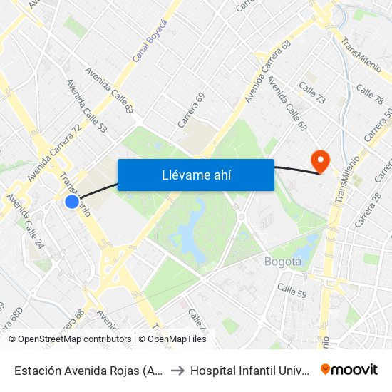 Estación Avenida Rojas (Ac 26 - Kr 69d Bis) (B) to Hospital Infantil Universitario San José map