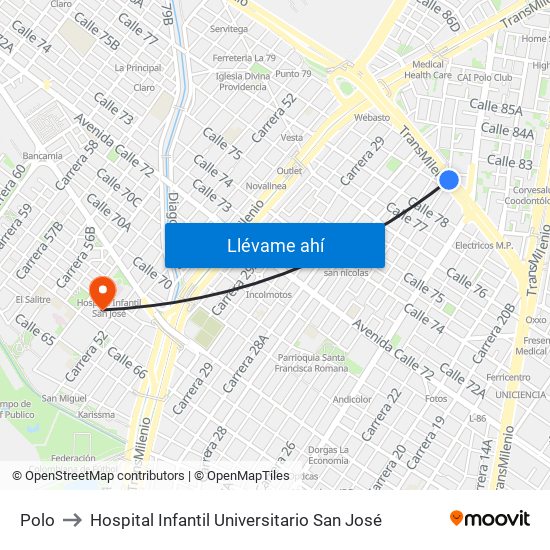 Polo to Hospital Infantil Universitario San José map
