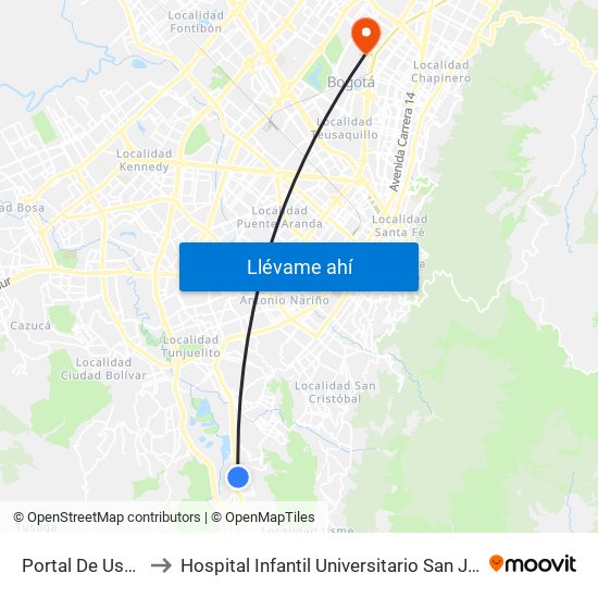 Portal De Usme to Hospital Infantil Universitario San José map