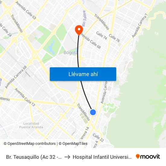 Br. Teusaquillo (Ac 32 - Av. Caracas) to Hospital Infantil Universitario San José map