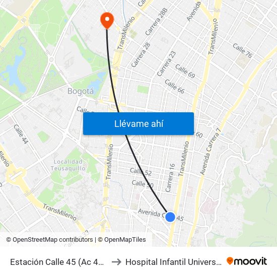 Estación Calle 45 (Ac 45 - Av. Caracas) to Hospital Infantil Universitario San José map