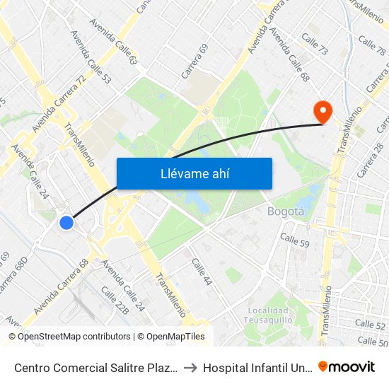 Centro Comercial Salitre Plaza (Av. La Esperanza - Kr 68b) to Hospital Infantil Universitario San José map