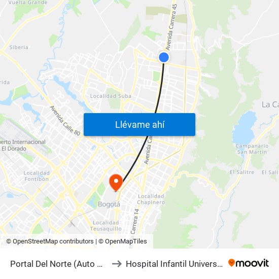 Portal Del Norte (Auto Norte - Cl 174a) to Hospital Infantil Universitario San José map